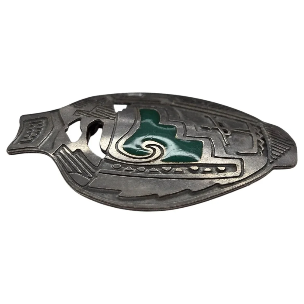 Vintage Brooch Sterling Silver 925 Southwestern Green Enamel‎ Pottery Pin Green